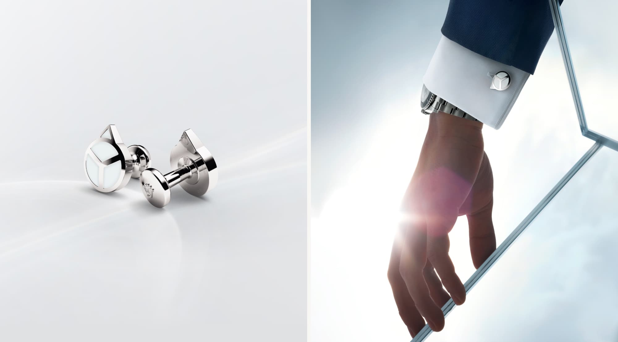 Rolex Accessories: Rolex 'Hand' cufflinks in white gold. Left: shown in close-up view; Right: modelled on a sleeve. - Chang Ein Hong