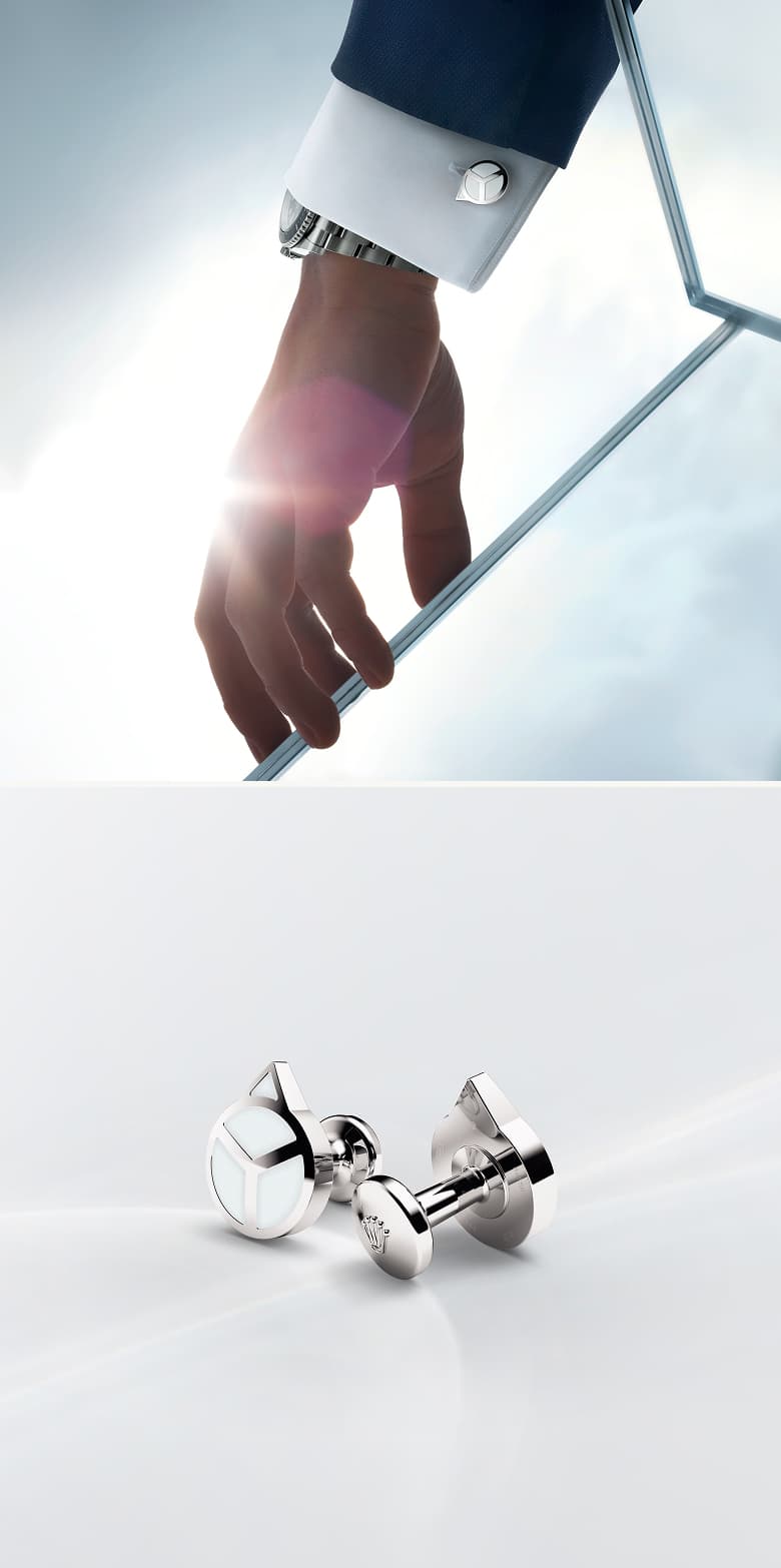 Rolex Accessories: Rolex 'Hand' cufflinks in white gold. Above: modelled on a sleeve; Below: shown in close-up view. - Chang Ein Hong