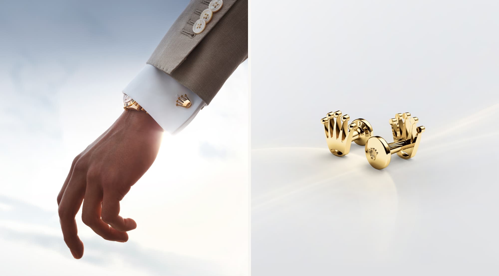 Rolex Accessories: Two images of Rolex 'Crown' cufflinks in 18 ct yellow gold. Left: modelled on a sleeve; Right: in close-up view. - Chang Ein Hong