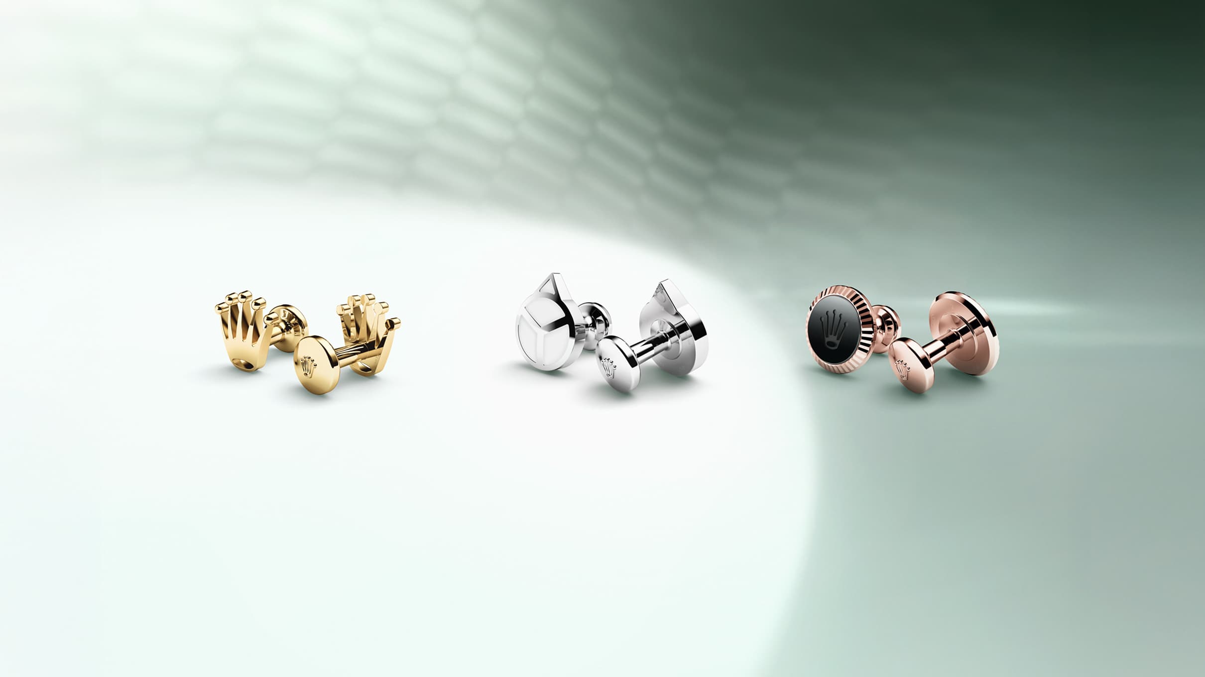 Rolex 'Crown' cufflinks in 18 ct yellow gold; Rolex 'Hand' cufflinks in white gold; Rolex 'Fluted' cufflinks in Everose gold. - Chang Ein Hong