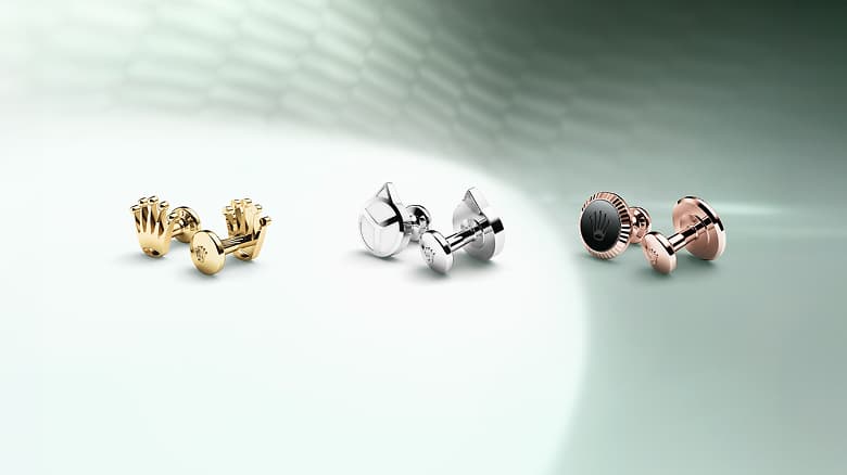 Rolex 'Crown' cufflinks in 18 ct yellow gold; Rolex 'Hand' cufflinks in white gold; Rolex 'Fluted' cufflinks in Everose gold. - Chang Ein Hong