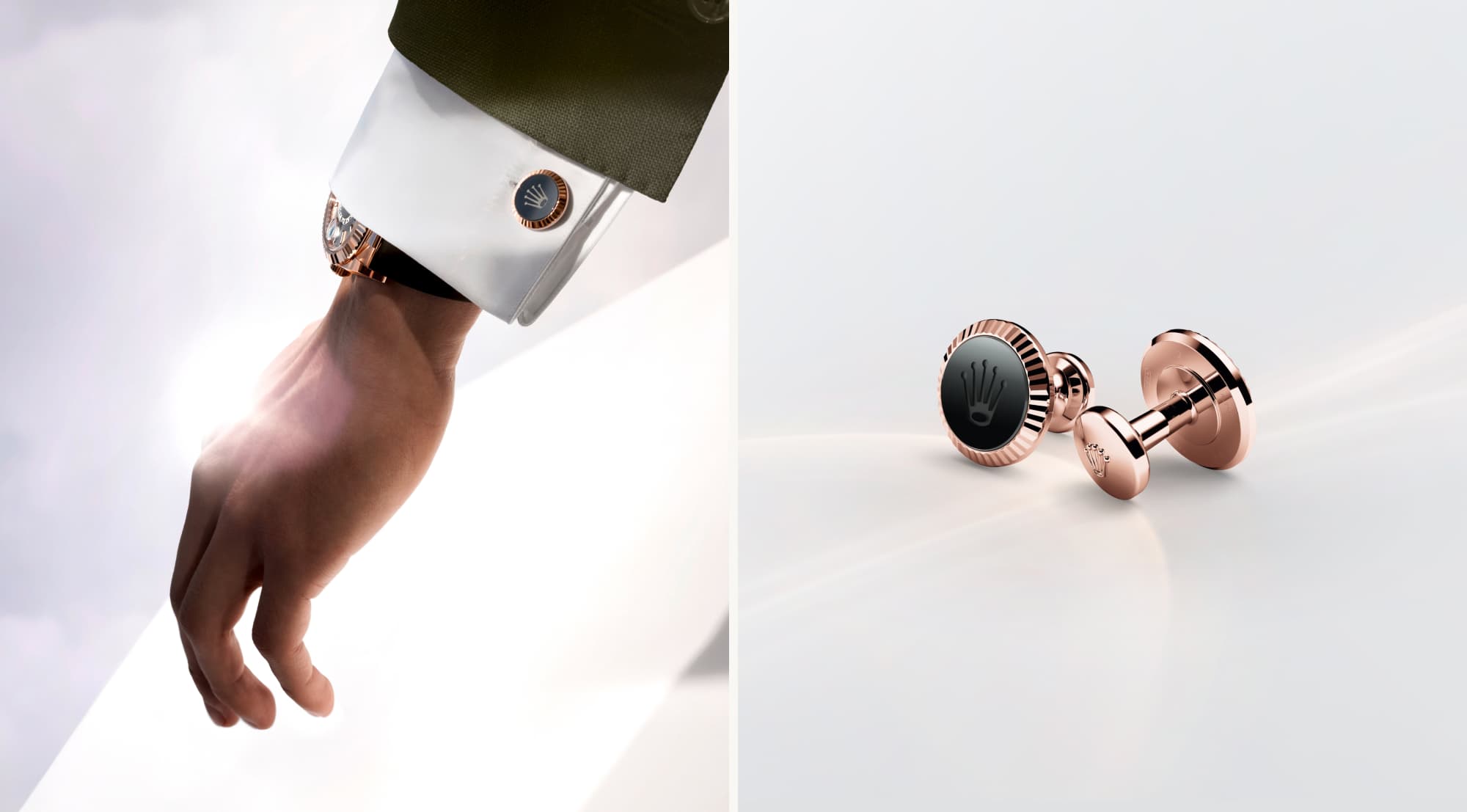Rolex Accessories: Rolex 'Fluted' cufflinks in Everose gold. Left: modelled on a sleeve; Right: in close-up view. - Chang Ein Hong