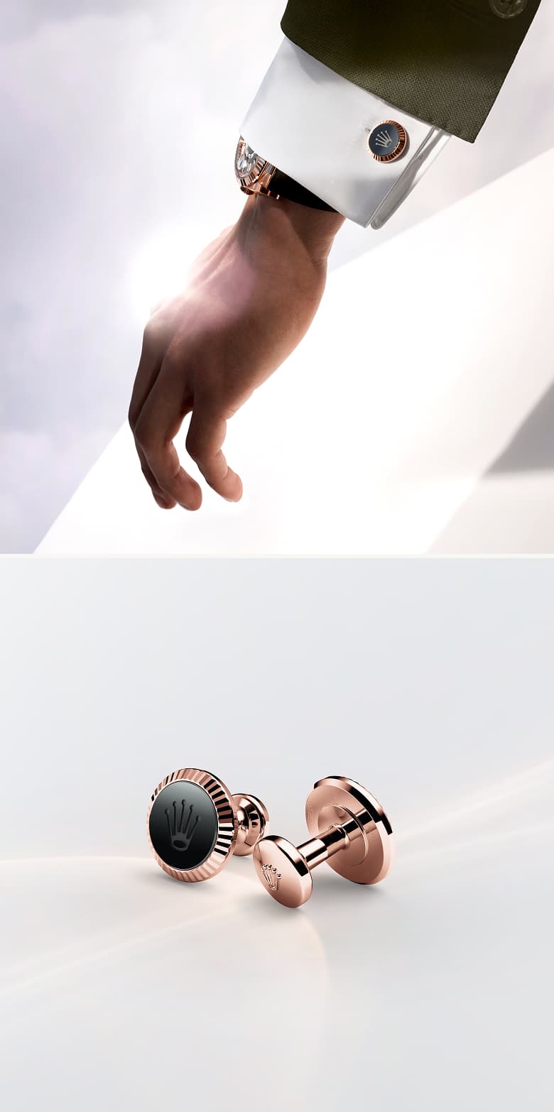Rolex Accessories: Rolex 'Fluted' cufflinks in Everose gold. Above: modelled on a sleeve; Below: in close-up view. - Chang Ein Hong