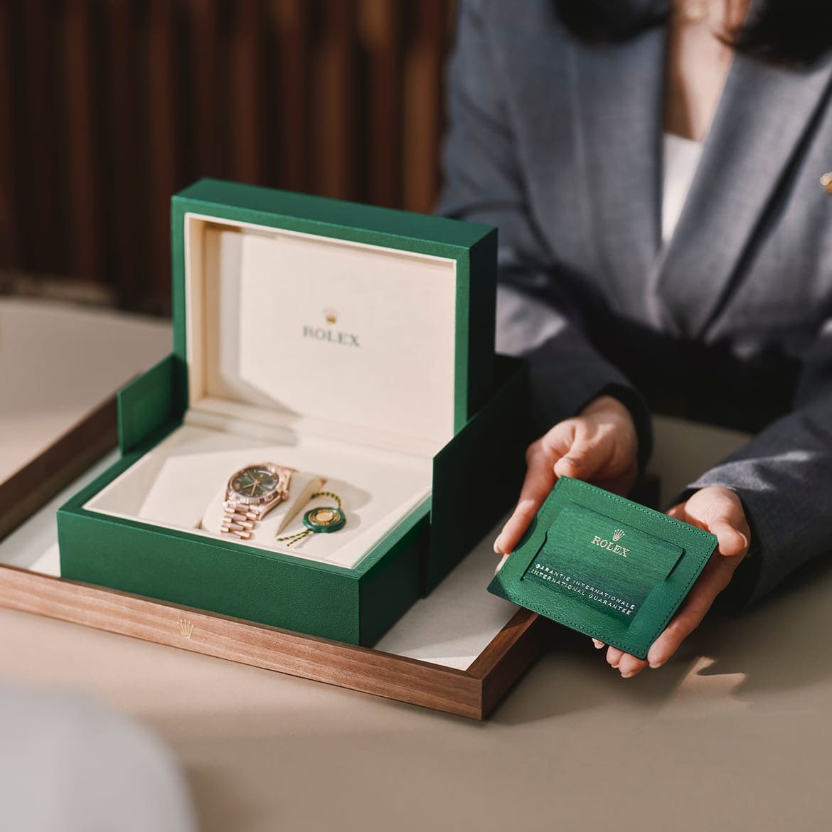 Rolex watch box and international guarantee card presented to a client - Chang Ein Hong