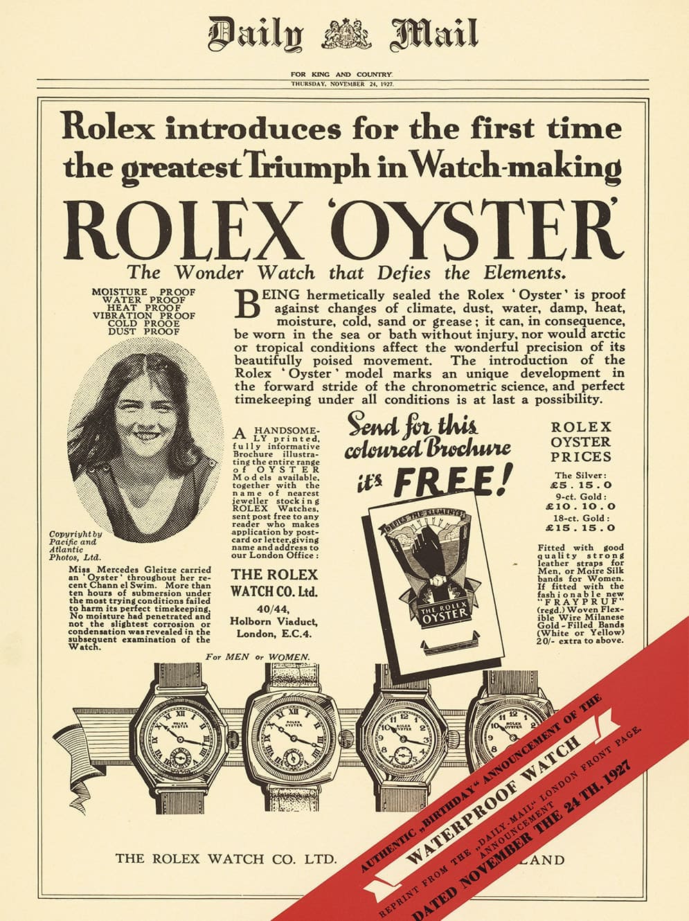 1927 Daily Mail advertisement introducing the Rolex Oyster waterproof watch - Chang Ein Hong