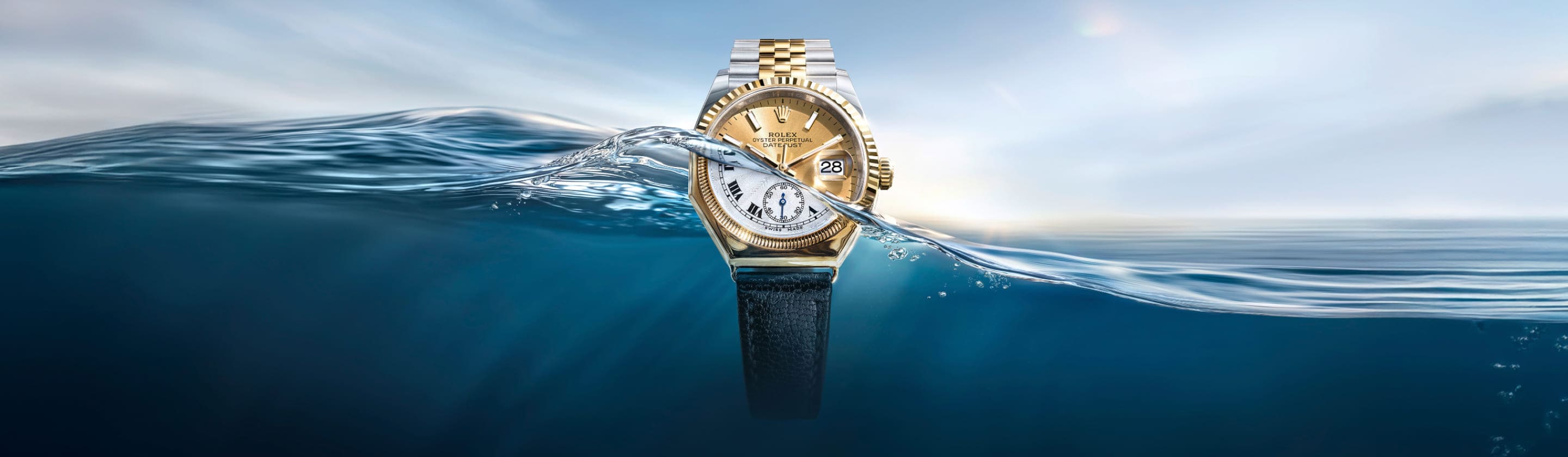 Rolex Datejust displayed beside the first Oyster octagonal watch from 1926 - Chang Ein Hong