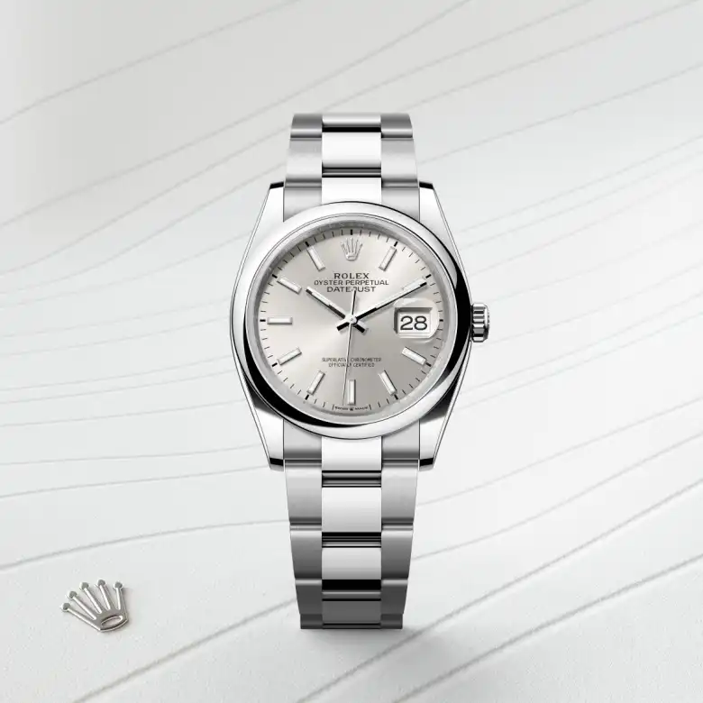 The The Rolex Datejust 36 in Oystersteel shown against a muted, elegant background. - Chang Ein Hong