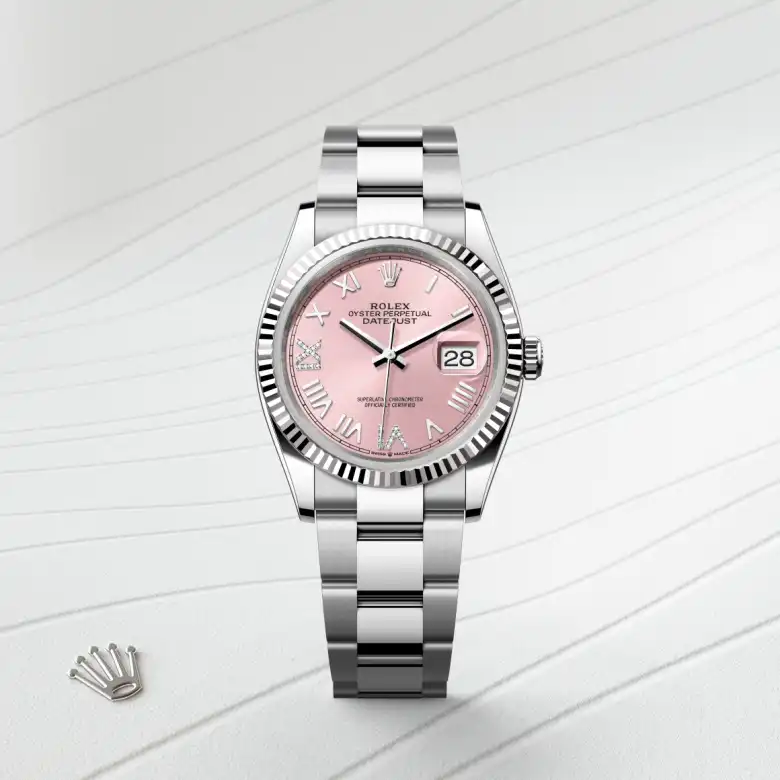 The The Rolex Datejust 36 in Oystersteel and white gold shown against a muted, elegant background. - Chang Ein Hong