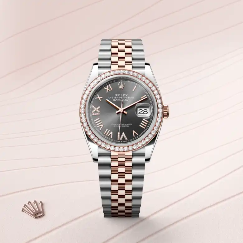 The The Rolex Datejust 36 in Oystersteel, Everose gold and diamonds shown against a muted, elegant background. - Chang Ein Hong