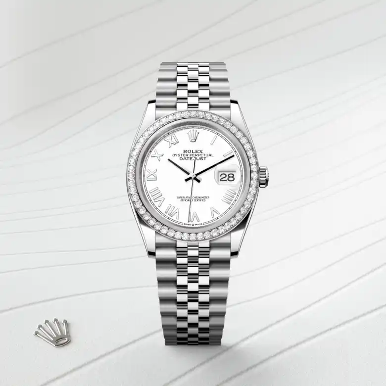 The The Rolex Datejust 36 in Oystersteel, white gold and diamonds shown against a muted, elegant background. - Chang Ein Hong