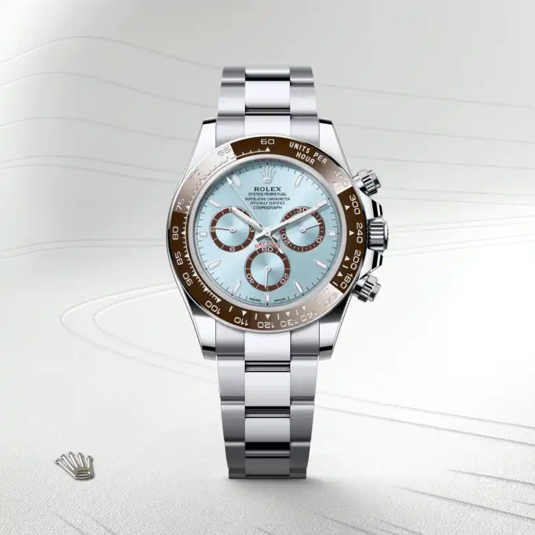 The The Rolex Cosmograph Daytona in platinum shown against a muted, elegant background. - Chang Ein Hong