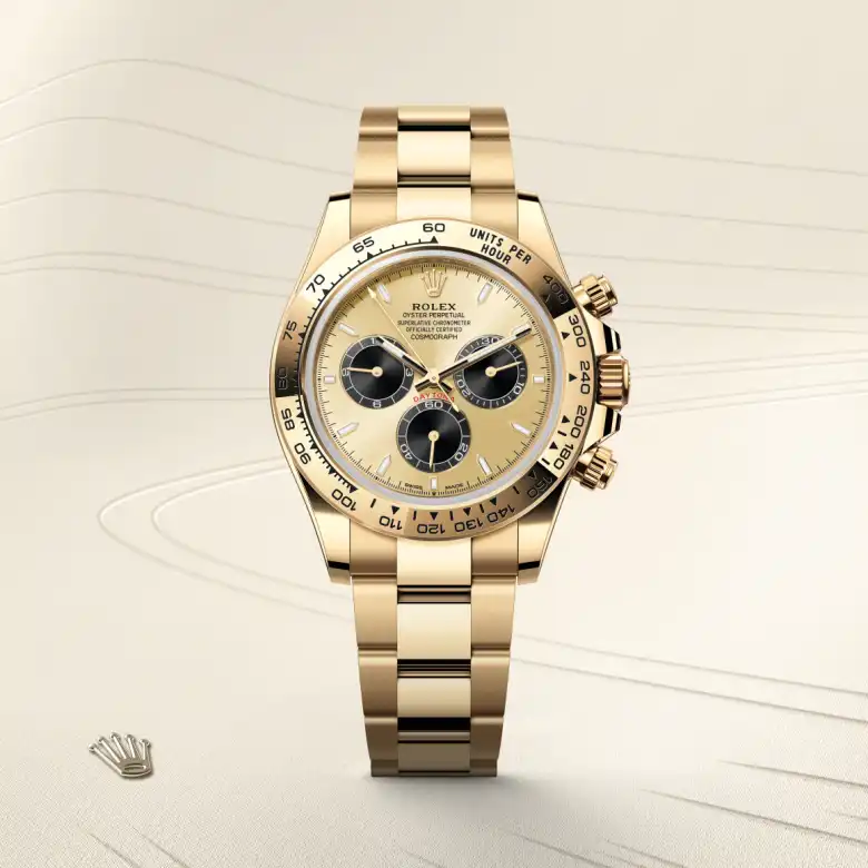 The The Rolex Cosmograph Daytona in yellow gold shown against a muted, elegant background. - Chang Ein Hong