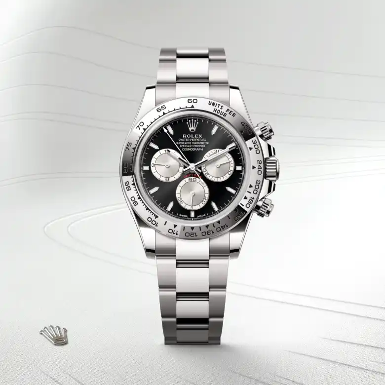 The The Rolex Cosmograph Daytona in white gold shown against a muted, elegant background. - Chang Ein Hong
