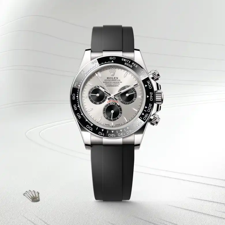 The The Rolex Cosmograph Daytona in white gold shown against a muted, elegant background. - Chang Ein Hong