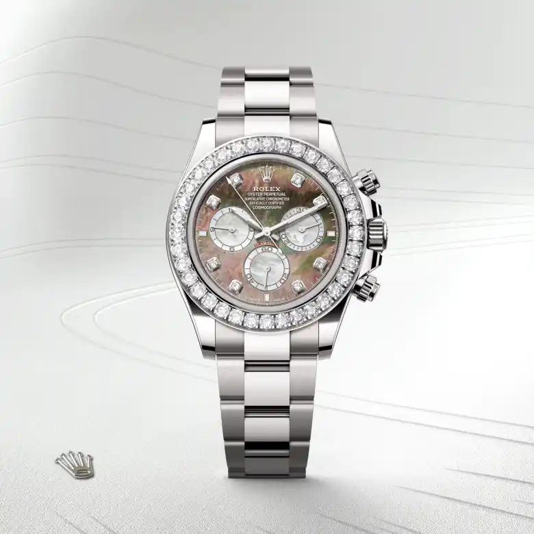 The The Rolex Cosmograph Daytona in white gold and diamonds shown against a muted, elegant background. - Chang Ein Hong