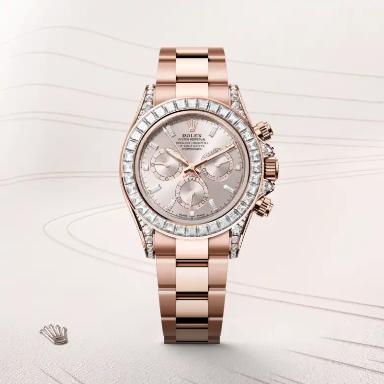 The The Rolex Cosmograph Daytona in Everose gold and diamonds shown against a muted, elegant background. - Chang Ein Hong