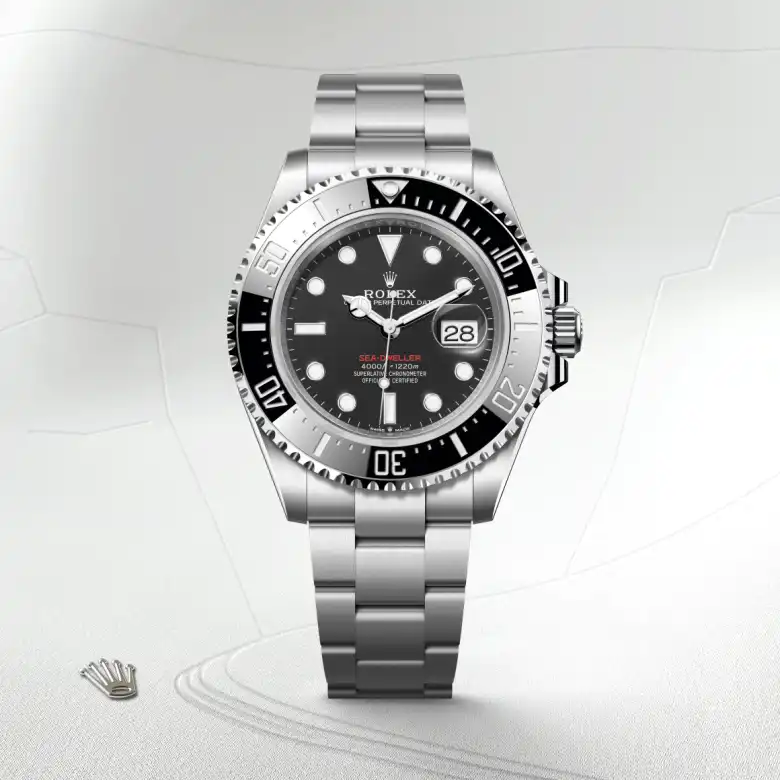 The The Rolex Sea-Dweller in Oystersteel shown against a muted, elegant background. - Chang Ein Hong
