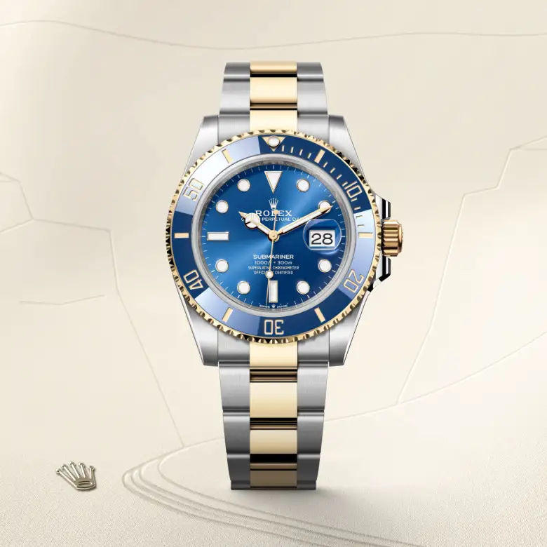 The The Rolex Submariner Date in Oystersteel and yellow gold shown against a muted, elegant background. - Chang Ein Hong