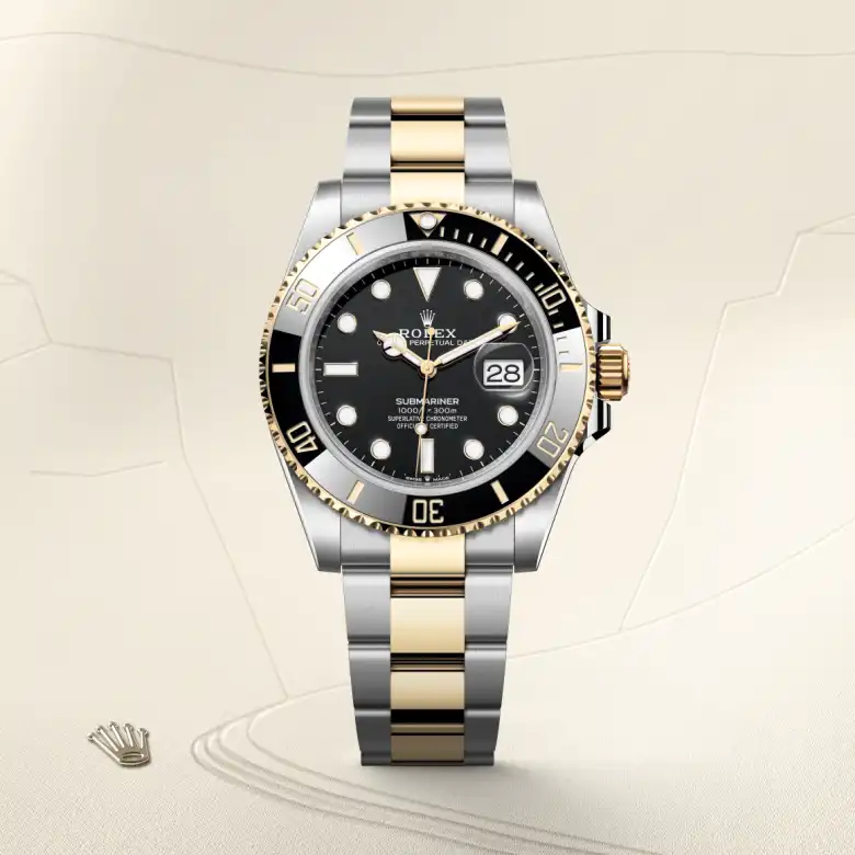 The The Rolex Submariner Date in Oystersteel and yellow gold shown against a muted, elegant background. - Chang Ein Hong