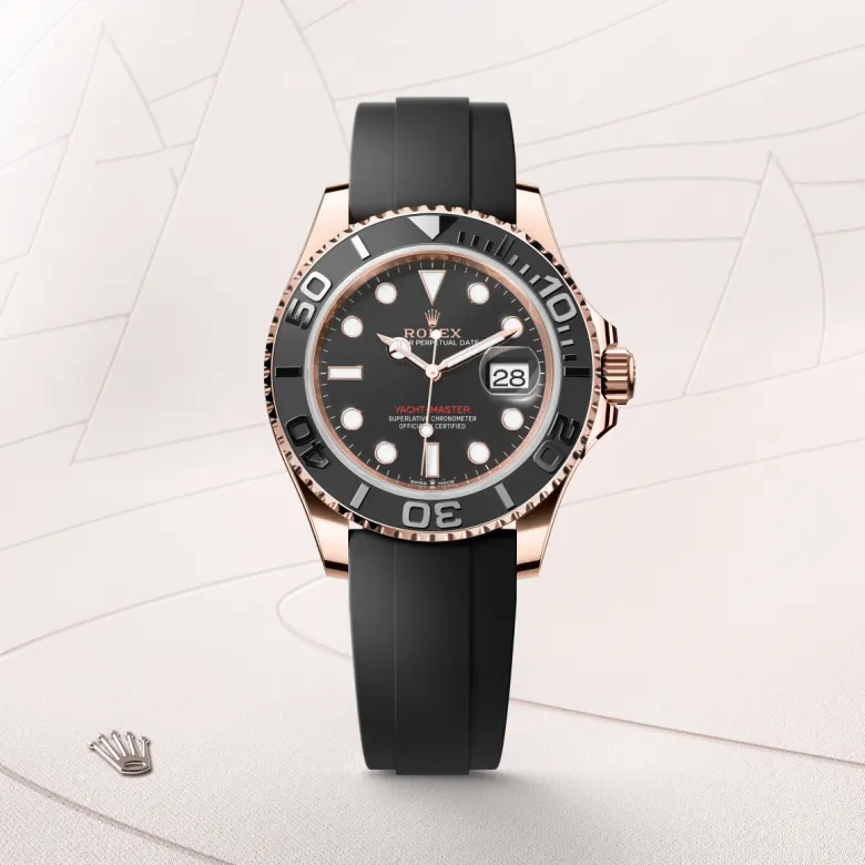 The The Rolex Yacht-Master 40 in Everose gold shown against a muted, elegant background. - Chang Ein Hong