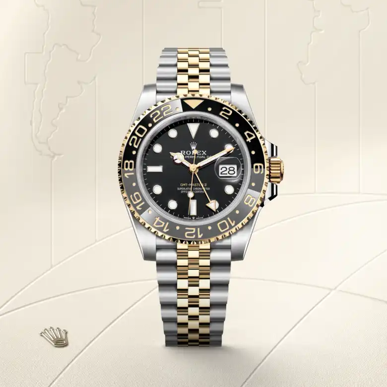 The The Rolex GMT-Master II in Oystersteel and yellow gold shown against a muted, elegant background. - Chang Ein Hong