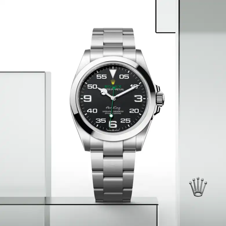 The The Rolex Air-King in Oystersteel shown against a muted, elegant background. - Chang Ein Hong