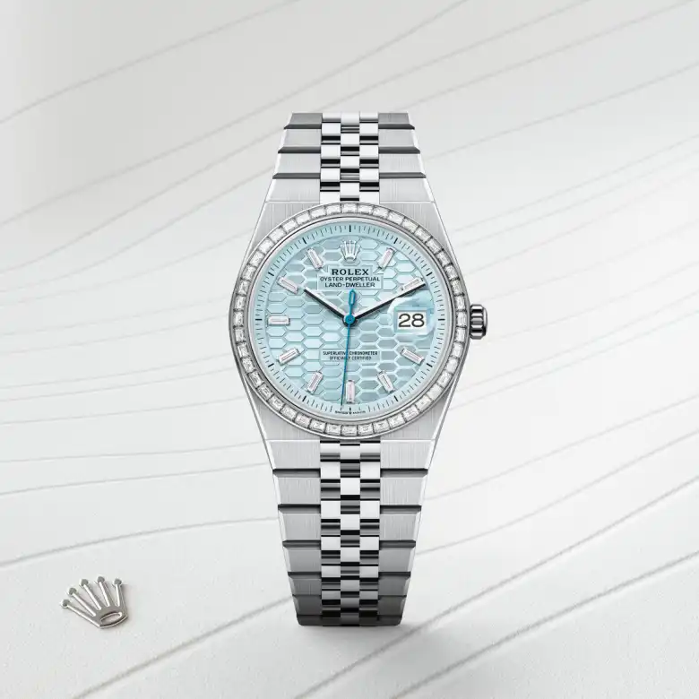 The The Rolex Land-Dweller 36 in platinum and diamonds shown against a muted, elegant background. - Chang Ein Hong