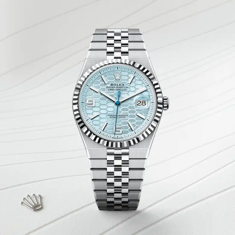 The The Rolex Land-Dweller 40 in platinum shown against a muted, elegant background. - Chang Ein Hong