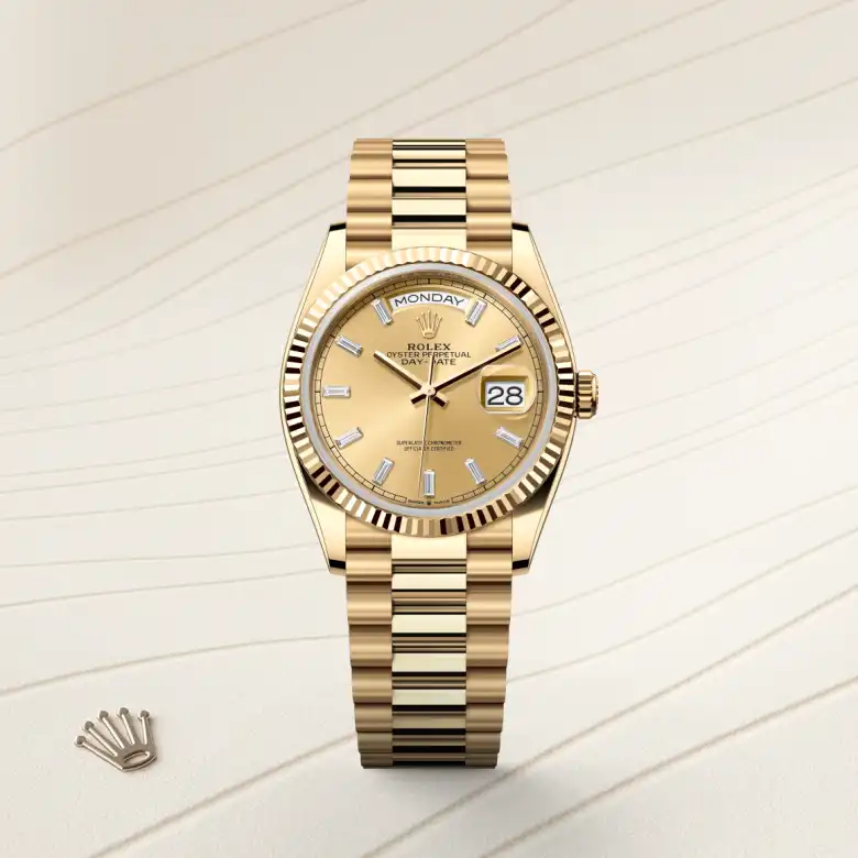 The The Rolex Day-Date 36 in yellow gold shown against a muted, elegant background. - Chang Ein Hong
