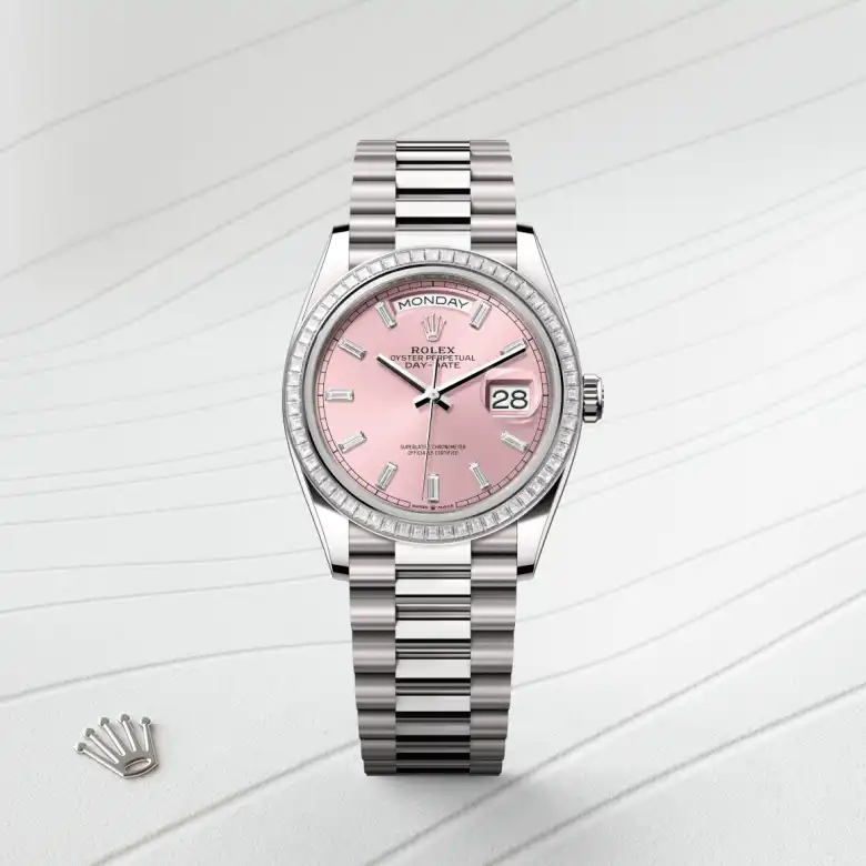 The The Rolex Day-Date 36 in white gold and diamonds shown against a muted, elegant background. - Chang Ein Hong