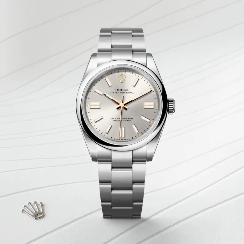 The The Rolex Oyster Perpetual 41 in Oystersteel shown against a muted, elegant background. - Chang Ein Hong