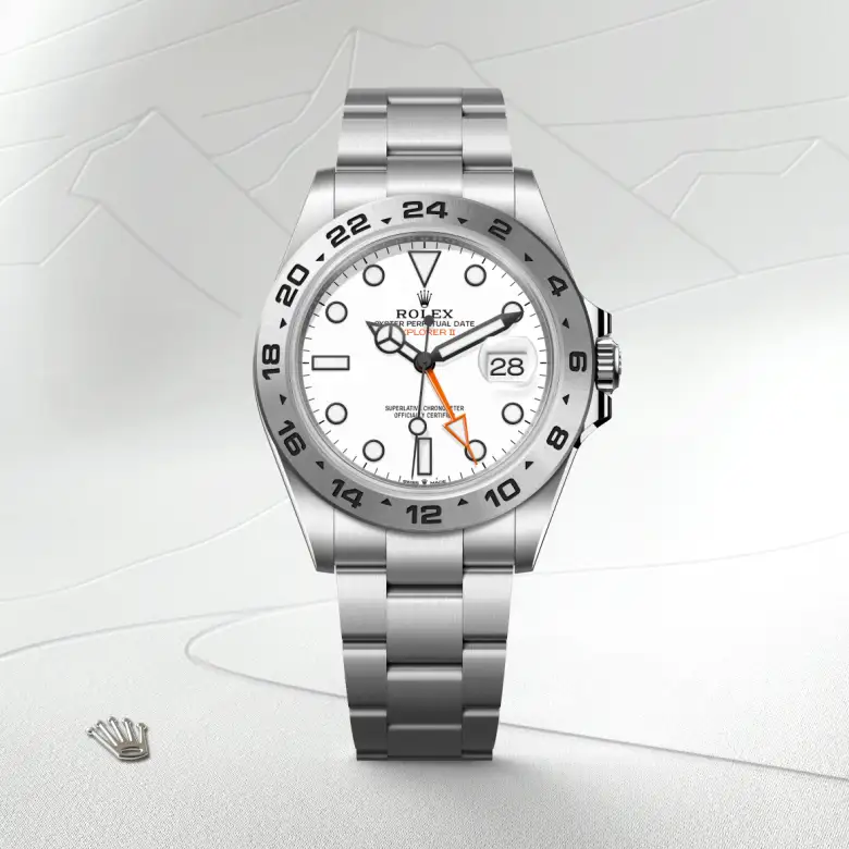The The Rolex Explorer II in Oystersteel shown against a muted, elegant background. - Chang Ein Hong