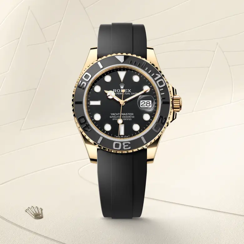 The The Rolex Yacht-Master 42 in yellow gold shown against a muted, elegant background. - Chang Ein Hong