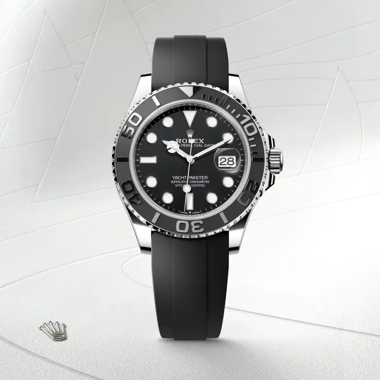 The The Rolex Yacht-Master 42 in white gold shown against a muted, elegant background. - Chang Ein Hong
