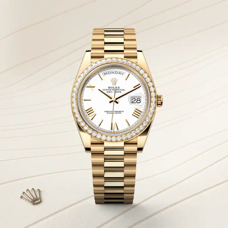 The The Rolex Day-Date 40 in yellow gold and diamonds shown against a muted, elegant background. - Chang Ein Hong