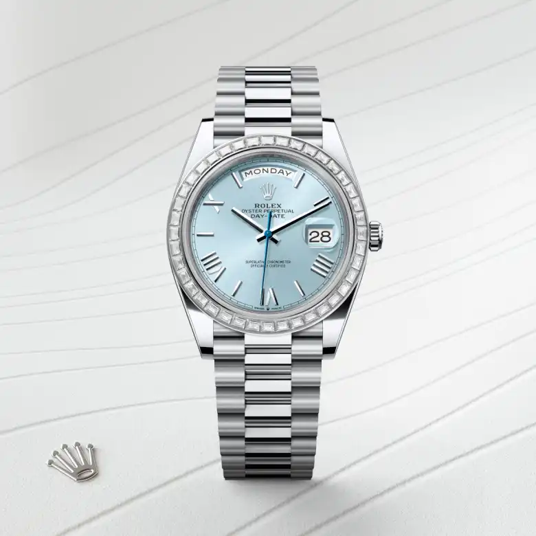 The The Rolex Day-Date 40 in platinum and diamonds shown against a muted, elegant background. - Chang Ein Hong