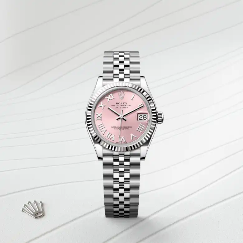 The The Rolex Datejust 31 in Oystersteel and white gold shown against a muted, elegant background. - Chang Ein Hong