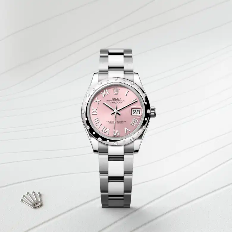 The The Rolex Datejust 31 in Oystersteel, white gold and diamonds shown against a muted, elegant background. - Chang Ein Hong