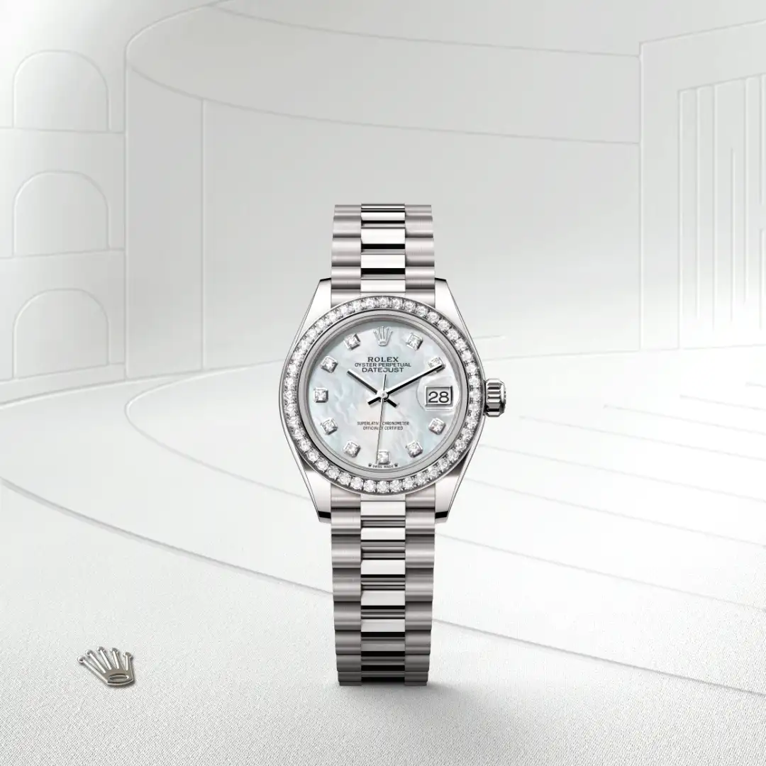 The The Rolex Lady-Datejust in white gold and diamonds shown against a muted, elegant background. - Chang Ein Hong