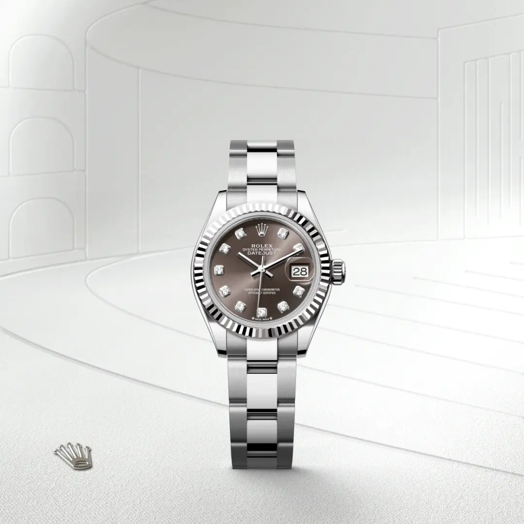 The The Rolex Lady-Datejust in Oystersteel and white gold shown against a muted, elegant background. - Chang Ein Hong