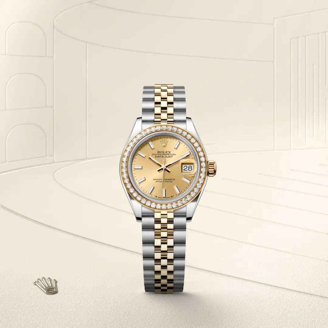 The The Rolex Lady-Datejust in Oystersteel, yellow gold and diamonds shown against a muted, elegant background. - Chang Ein Hong