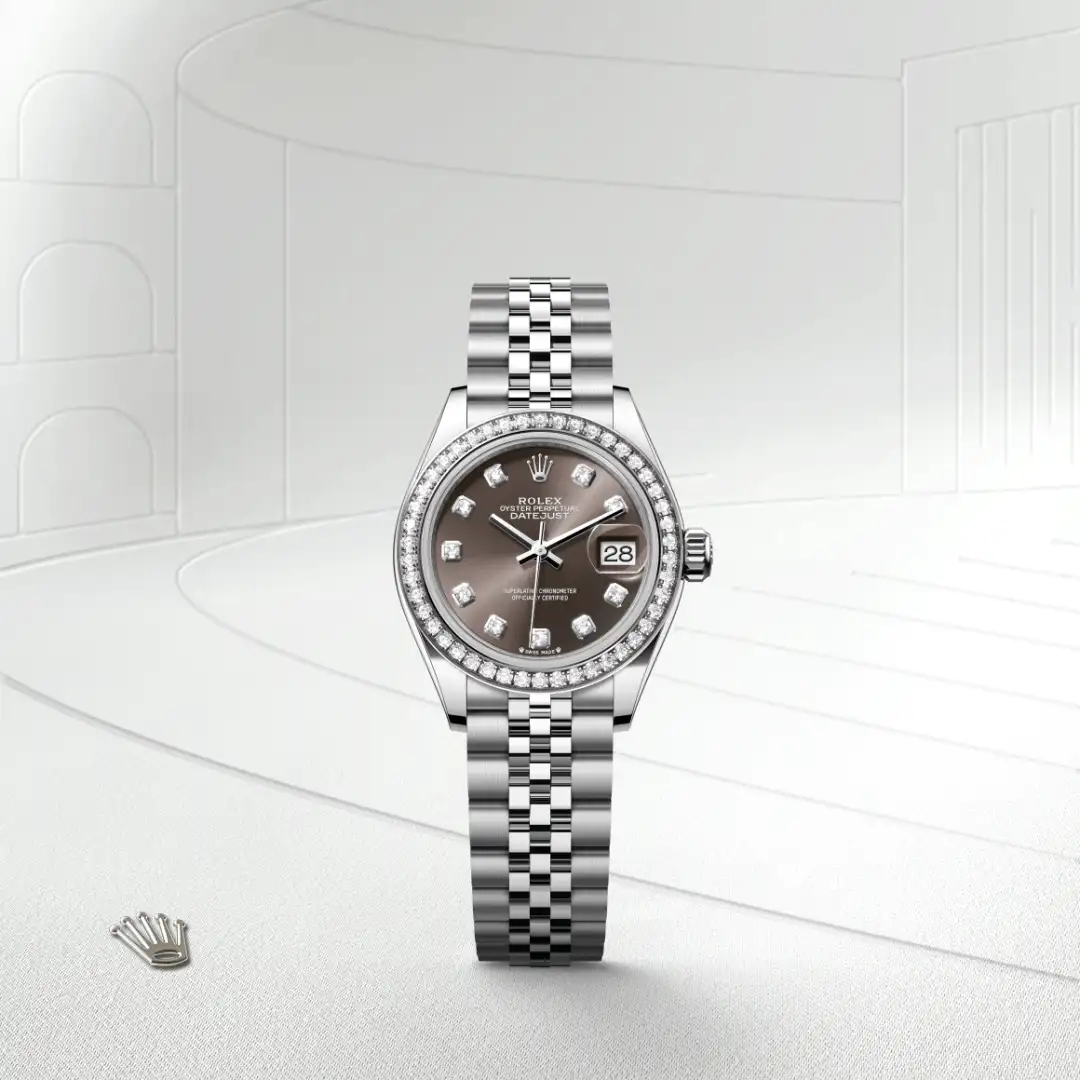 The The Rolex Lady-Datejust in Oystersteel, white gold and diamonds shown against a muted, elegant background. - Chang Ein Hong