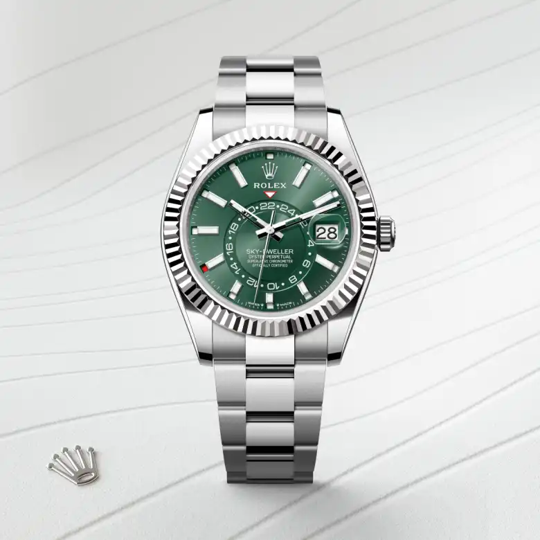 The The Rolex Sky-Dweller in Oystersteel and white gold shown against a muted, elegant background. - Chang Ein Hong
