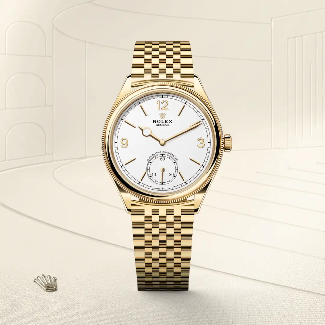 The The Rolex 1908 in 18 ct yellow gold, polished finish shown against a muted, elegant background. - Chang Ein Hong
