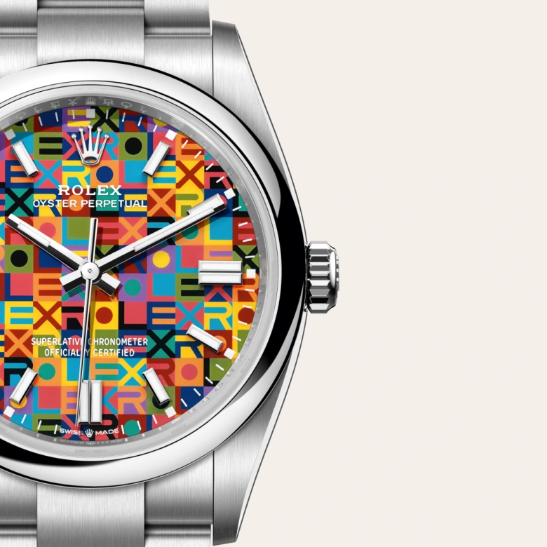 A close-up view of the The Rolex Oyster Perpetual 36 in Oystersteel. - Chang Ein Hong