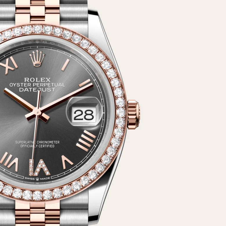 A close-up view of the The Rolex Datejust 36 in Oystersteel, Everose gold and diamonds. - Chang Ein Hong