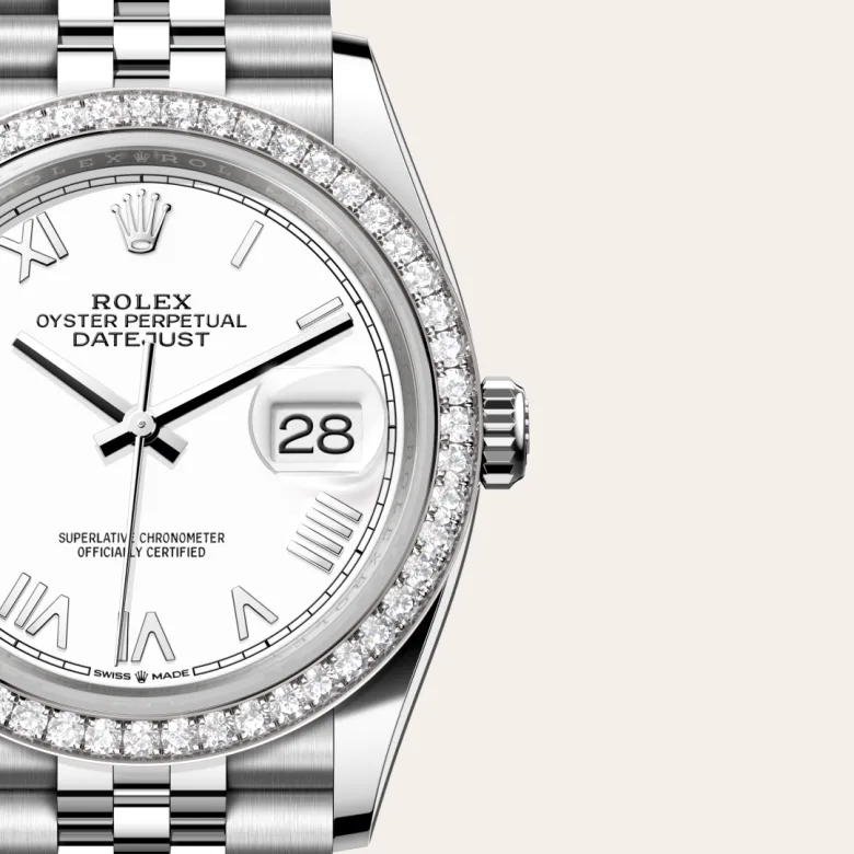 A close-up view of the The Rolex Datejust 36 in Oystersteel, white gold and diamonds. - Chang Ein Hong