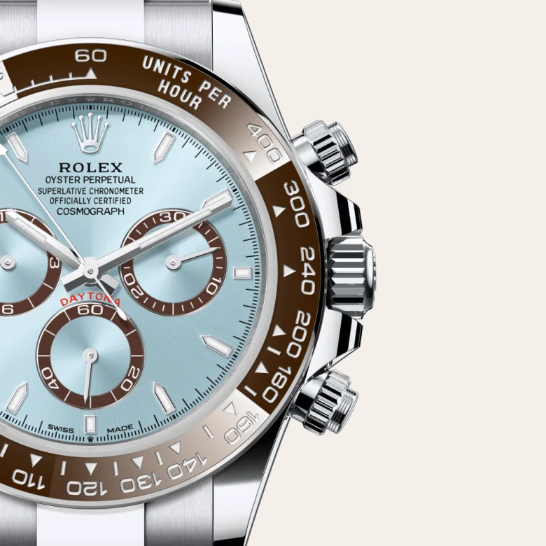 A close-up view of the The Rolex Cosmograph Daytona in platinum. - Chang Ein Hong