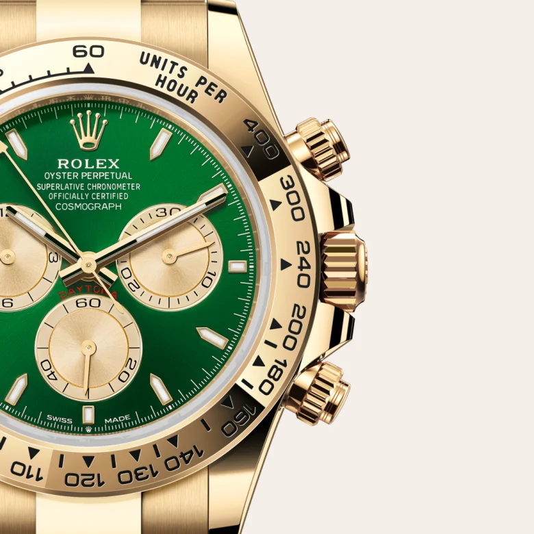 A close-up view of the The Rolex Cosmograph Daytona in yellow gold. - Chang Ein Hong