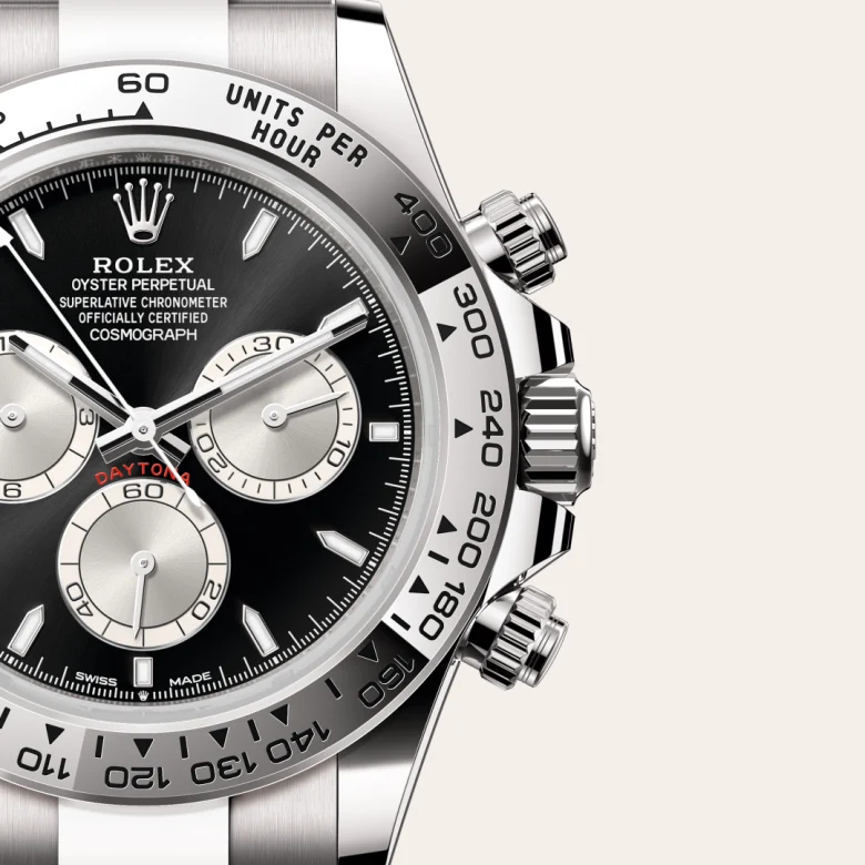 A close-up view of the The Rolex Cosmograph Daytona in white gold. - Chang Ein Hong